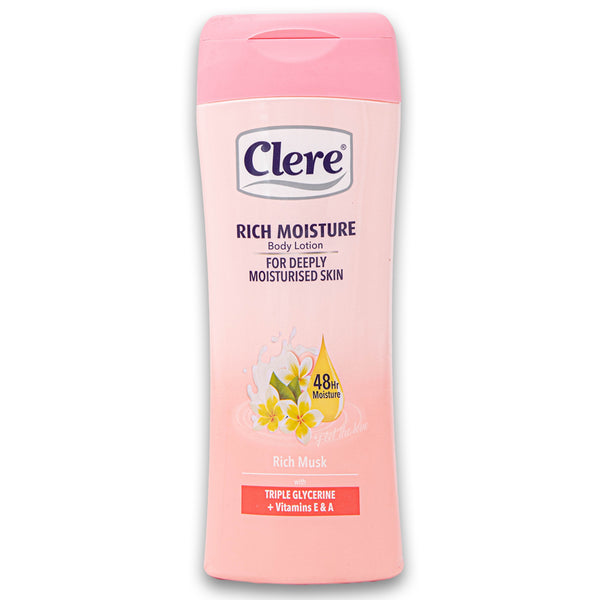 Clere, Rich Moisture Body Lotion Rich Musk Triply Glycerine + Vitamins E & A 200ml - Cosmetic Connection