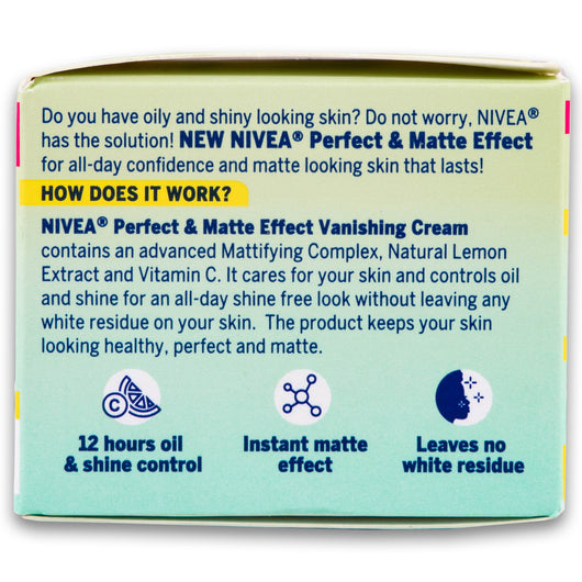 Nivea, Perfect & Matte Effect Oil Control 3 in 1 Miracle Vanishing Cream 50ml - Normal to Oily Skin - Cosmetic Connection