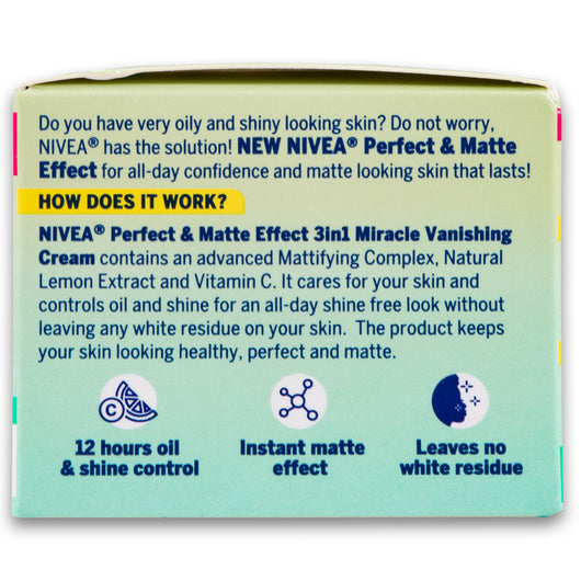 Nivea, Perfect & Matte Effect Oil Control 3 in 1 Miracle Vanishing Cream 50ml - Very Oily Skin - Cosmetic Connection