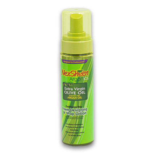 Nexsheen Arganics, Extra Virgin Olive Oil Enriched Argan Oil Foam Designing & Wrap Lotion 200ml - Cosmetic Connection