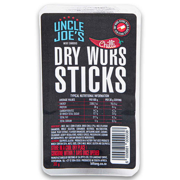 Uncle Joe, Dry Wors Sticks Chilli 30g - Cosmetic Connection
