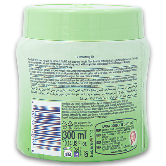 Clere, Rich Moisture Body Creme Triple Glycerine + Vitamins E & A 300ml - Cosmetic Connection