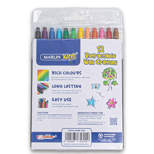 Freedom Stationery, Marlin Kids 12 Retractable Wax Crayons Bright Colour - Cosmetic Connection