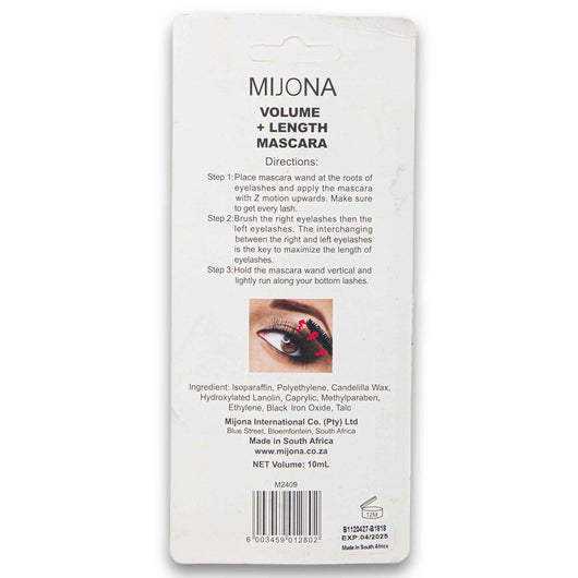 Mijona, Volume + Lengthening Waterproof Mascara Blackest Black 10ml - Cosmetic Connection