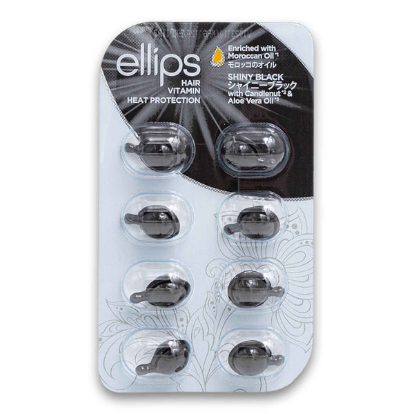 Ellips Hair Vitamin, Shiny Black Heat Protection with Candlenut & Aloe Vera Oil Enriched with Moroccan Oil 1ml x 8 Capsules - Cosmetic Connection
