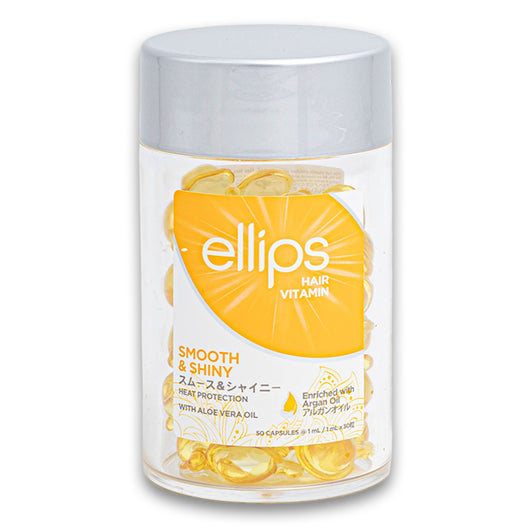 Ellips Hair Vitamin, Smooth & Shiny Heat Protection with Aloe Vera Oil Enriched with Argan Oil 1ml x 50 Capsules - Cosmetic Connection