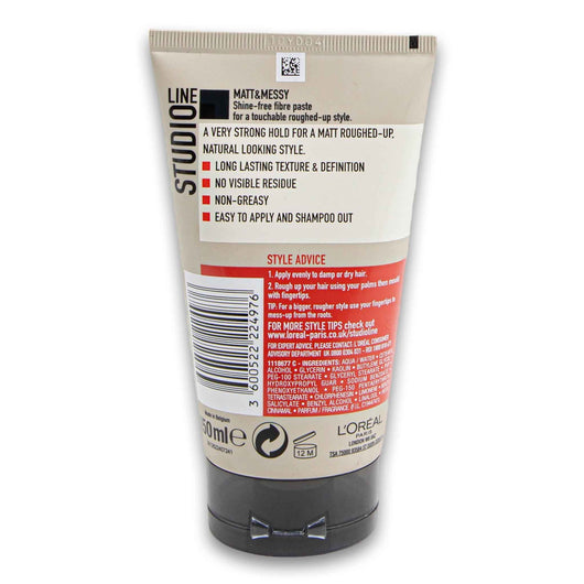 Loreal PARiS, Studio Line Matt & Messy 8 Shine-free Fibre Paste Roughed-up / Natural Look 150ml - Cosmetic Connection