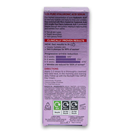 Loreal PARiS, Revitalift Filler Hyaluronic Anti-wrinkle Serum 1.5% Pure Hyaluronic Acid 30ml - Cosmetic Connection