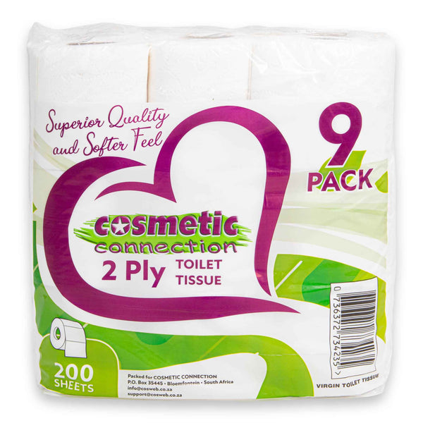 Cosmetic Connection, Toilet Tissue Paper 2 Ply 9 Pack | 200 Sheets – Superior Quality Soft Texture & Gentle Comfort - Cosmetic Connection