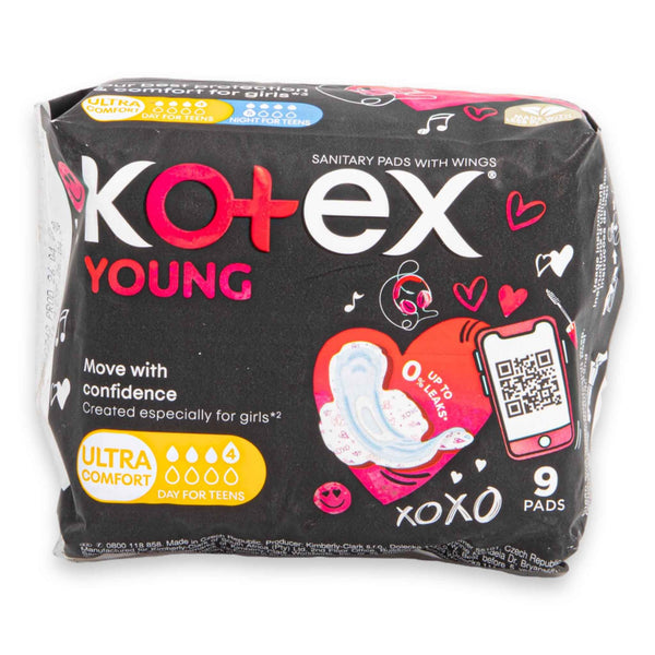 Kotex, Young Sanitary Pads with Wings 9 Pack | Ultra Comfort Day for Teens – Secure Protection & Confident Comfort - Cosmetic Connection