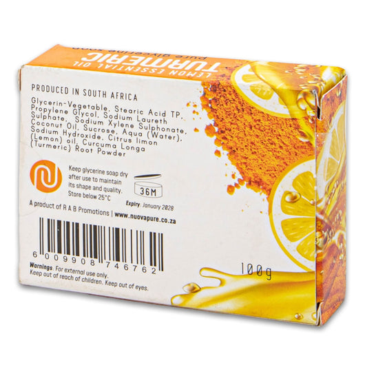 Nuova Pure, Lemon & Turmeric Glycerine Soap 100g | Brightening & Even Tone Face Bar with Coconut Oil – Handcrafted for Radiant Skin - Cosmetic Connection
