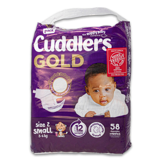 Cuddlers, Gold Size 2 Small Nappies 58 Pack | 3–6kg – 12hr Dryness & Dermatologically Tested - Cosmetic Connection