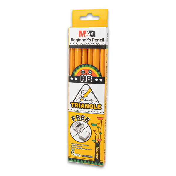 Beginner HB Triangle Pencil 6-Pack | Jumbo Triangular Grip for Easy Writing – Includes Free Sharpener & Eraser
