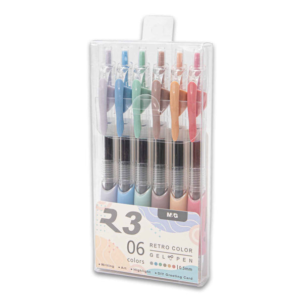 R3 Retro Gel Pen Set | 6 Assorted Colours – Smooth 0.5mm Ink for Writing Art & DIY Greeting Cards