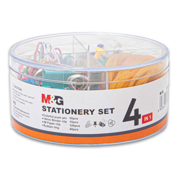Stationery Set 4-in-1 | Push Pins Binder Clips Paper Clips & Rubber Bands – Perfect for Home School & Office Use