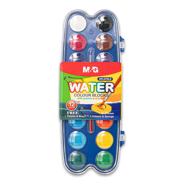 Water Colour Blocks Set | 12 + 2 Colours with Palette Brush & Sponge – Bright Blendable Shades for Kids & Artists