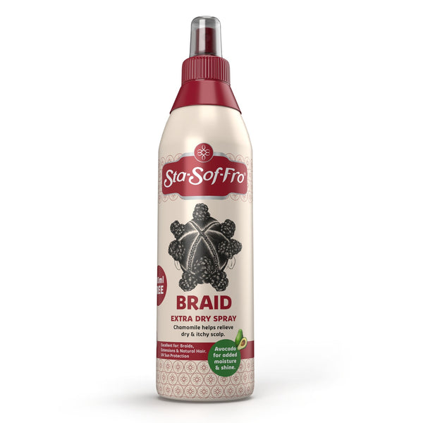 Sta-Sof-Fro, Braid Extra Dry Spray Chamomile helps Relieve Dry & Itchy Scalp with Avocado for added Moisture and Shine 350ml - Cosmetic Connection