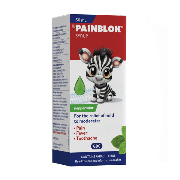 GDC, Painblok Syrup for the Relief of Mild Pain Fever or Toothache Peppermint 50ml - Cosmetic Connection