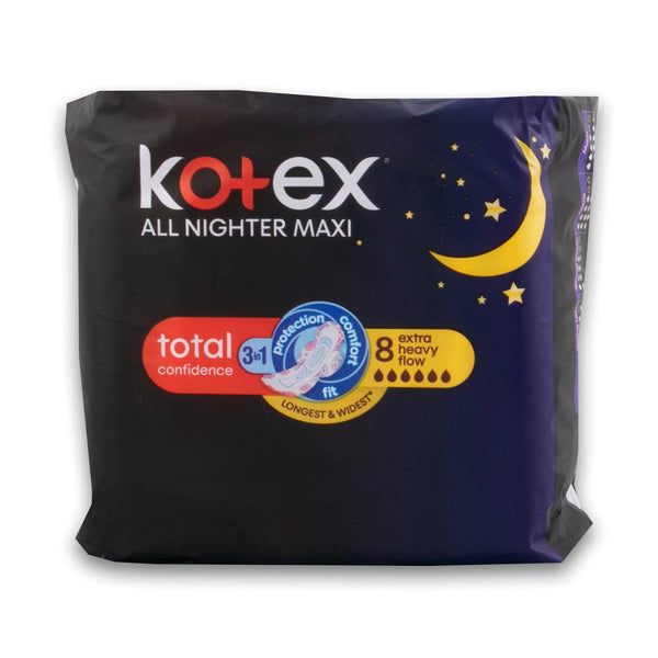 Kotex, Maxi Pads All Nighter with Wings Extra Heavy Flow 8 Pack - Cosmetic Connection