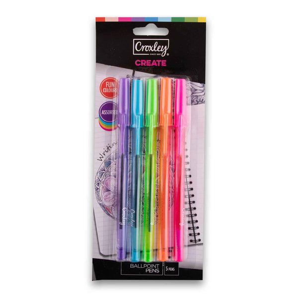 Croxley, Ballpoint Pen Assorted - 5 Fun Colours - Cosmetic Connection