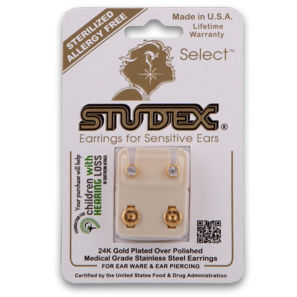 Studex, 24K Gold Plated Earrings - Large Crystal Bezel - Cosmetic Connection