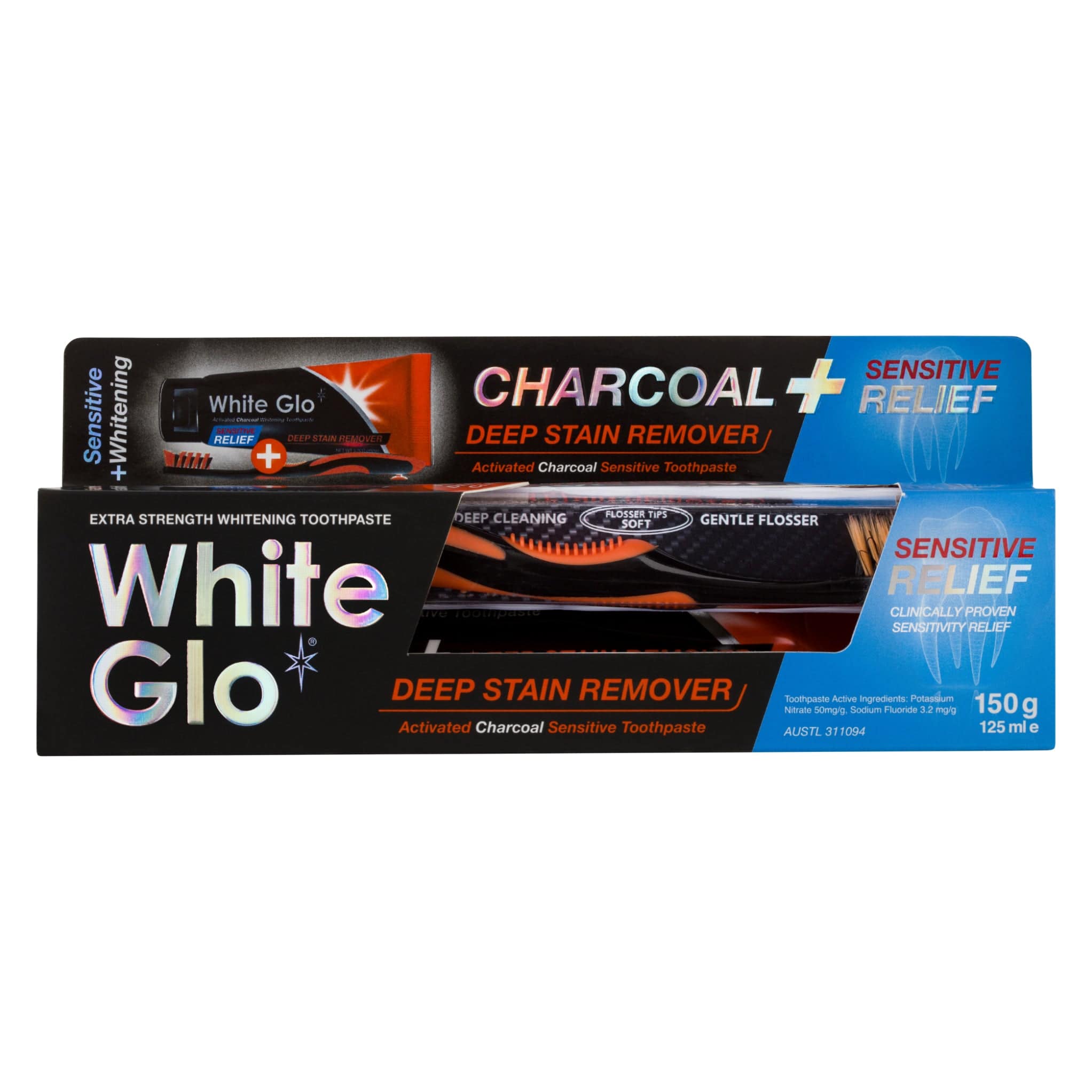 White Glo, Charcoal & Sensitive Relief Toothpaste 125ml + Toothbrush - Cosmetic Connection